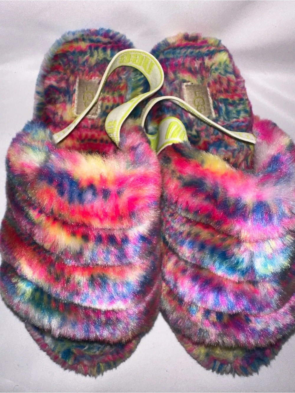 UGG Kids Neon Rainbow Fuzzy Slide Sandals in Multicolor